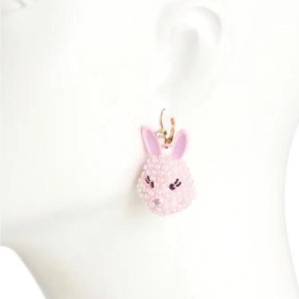 Authentic Betsey Johnson Earrings, Pink Enamel Bunny Pearl Beaded Rhinestone NWT